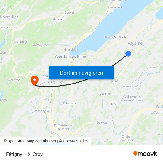 Fétigny to Croy map