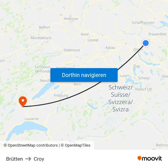Brütten to Croy map