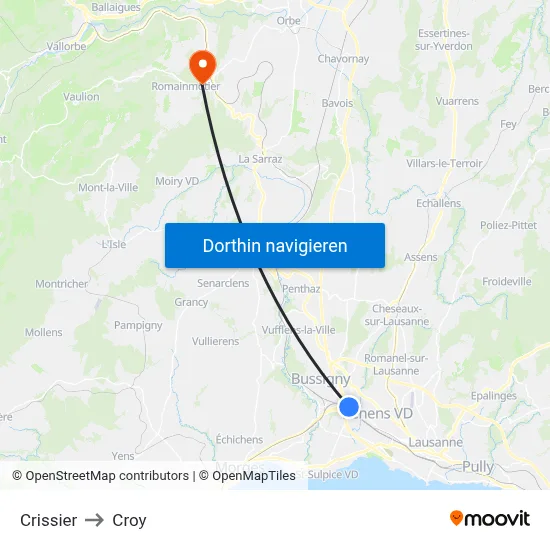Crissier to Croy map