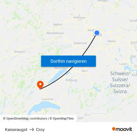 Kaiseraugst to Croy map