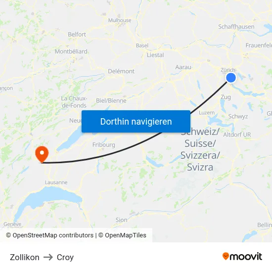 Zollikon to Croy map