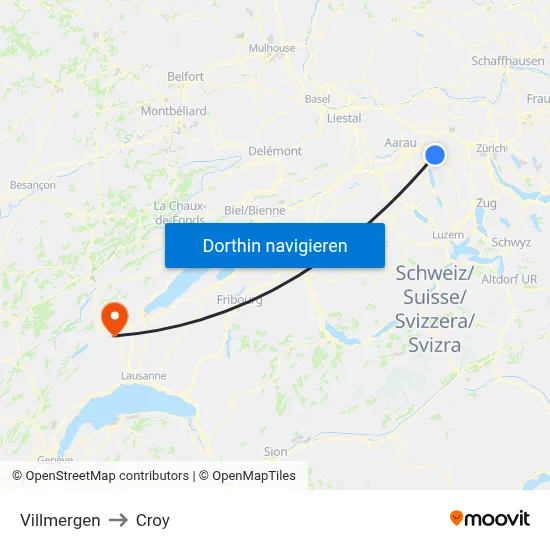 Villmergen to Croy map