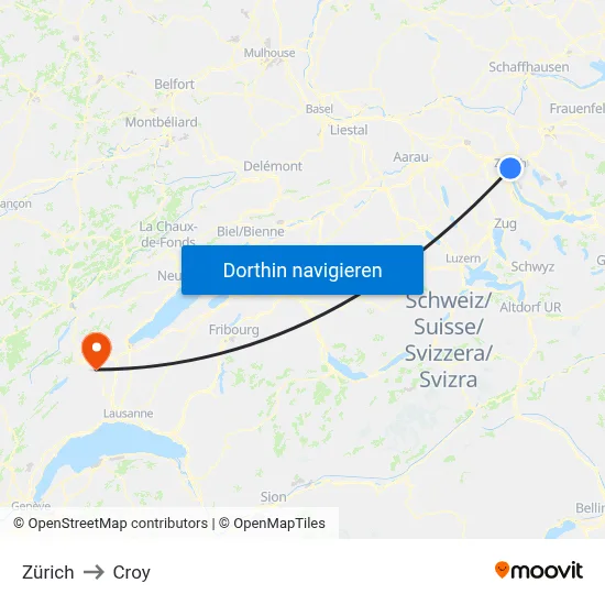 Zürich to Croy map