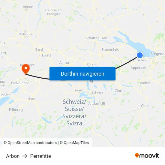 Arbon to Perrefitte map
