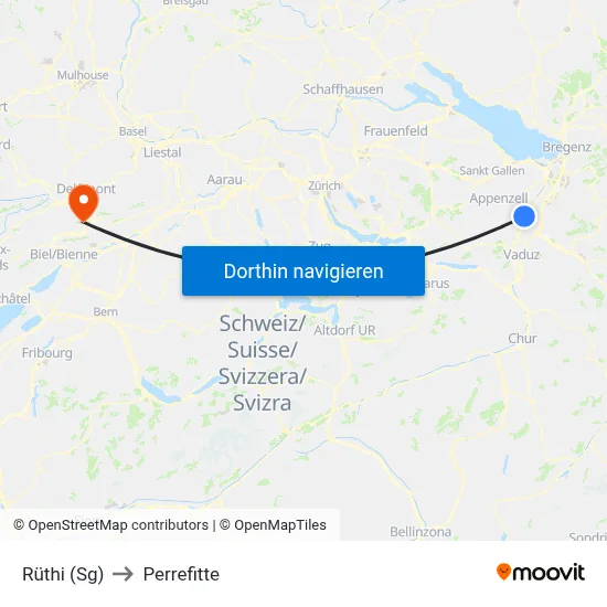 Rüthi (Sg) to Perrefitte map