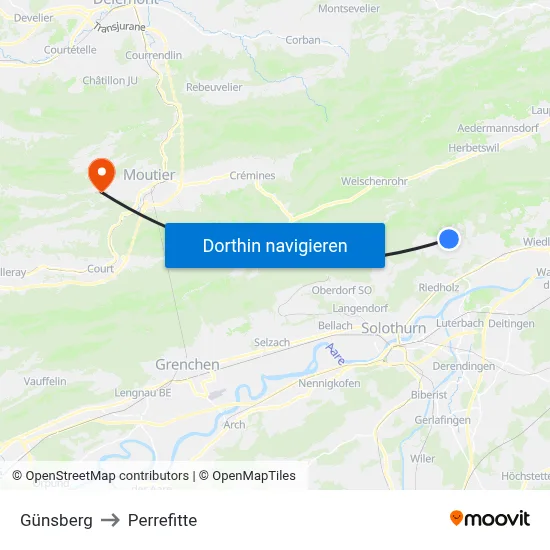 Günsberg to Perrefitte map