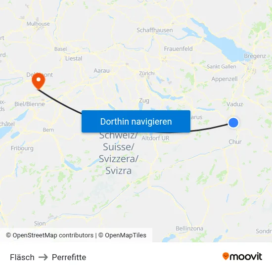 Fläsch to Perrefitte map
