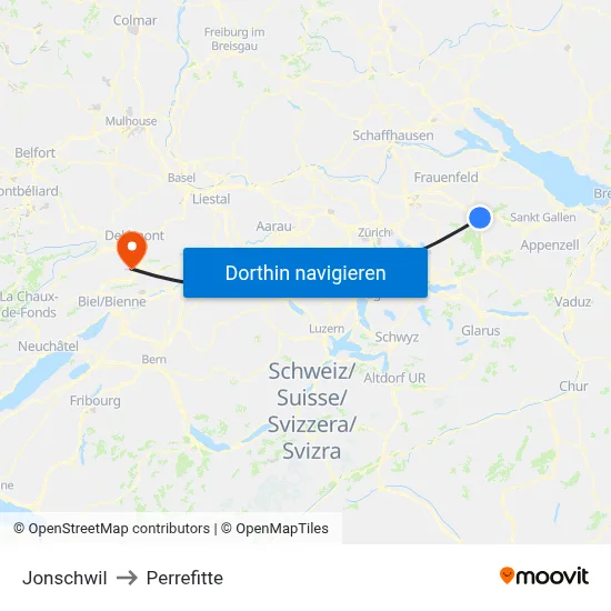 Jonschwil to Perrefitte map
