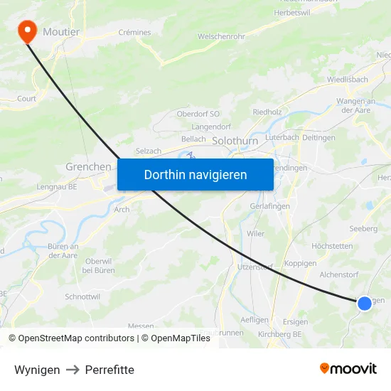 Wynigen to Perrefitte map