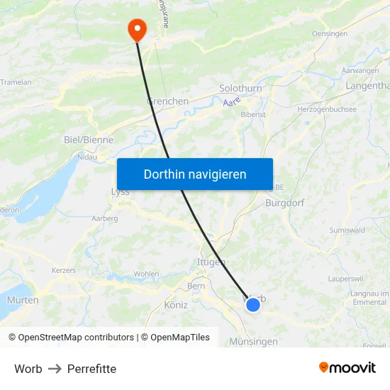 Worb to Perrefitte map