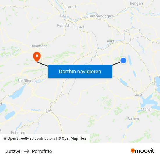Zetzwil to Perrefitte map