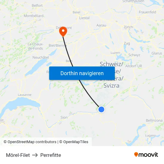 Mörel-Filet to Perrefitte map