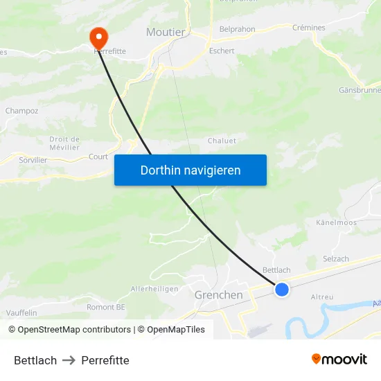 Bettlach to Perrefitte map