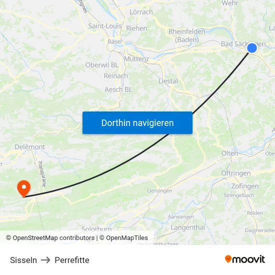 Sisseln to Perrefitte map