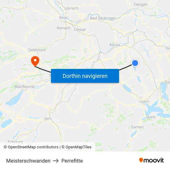 Meisterschwanden to Perrefitte map