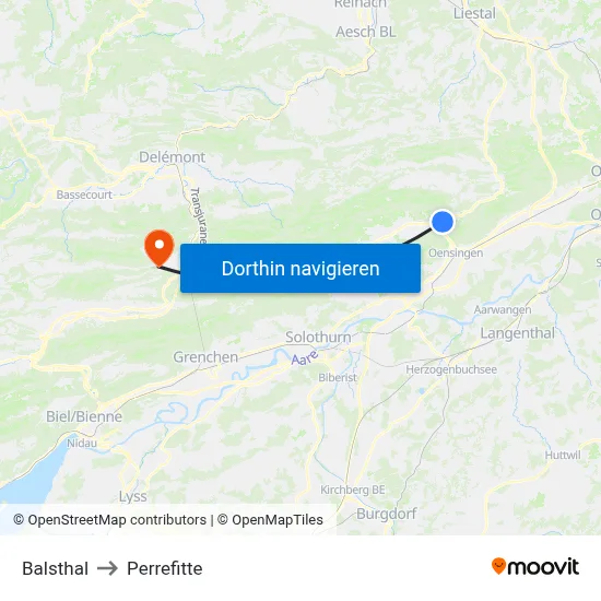 Balsthal to Perrefitte map