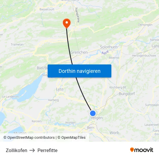 Zollikofen to Perrefitte map