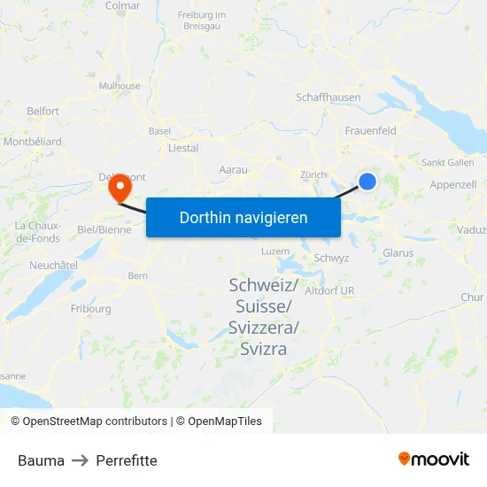 Bauma to Perrefitte map