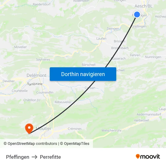 Pfeffingen to Perrefitte map