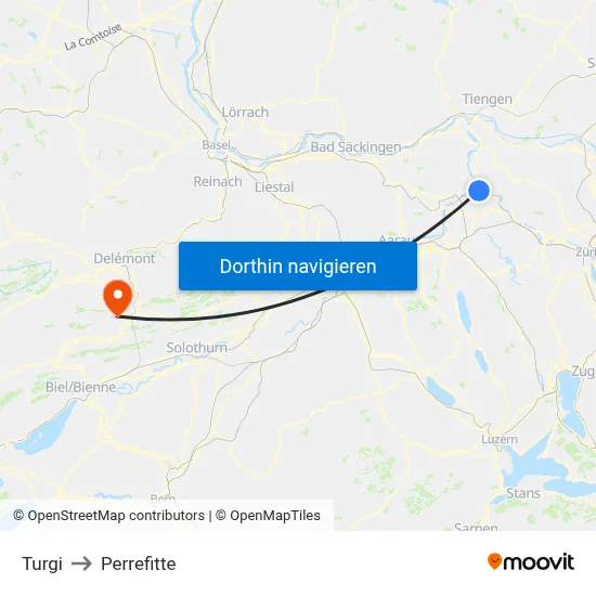 Turgi to Perrefitte map