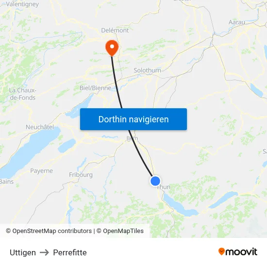 Uttigen to Perrefitte map
