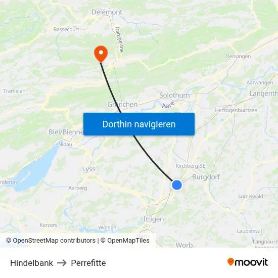Hindelbank to Perrefitte map