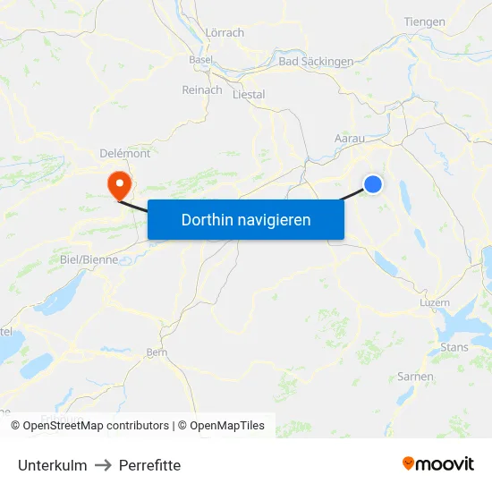 Unterkulm to Perrefitte map