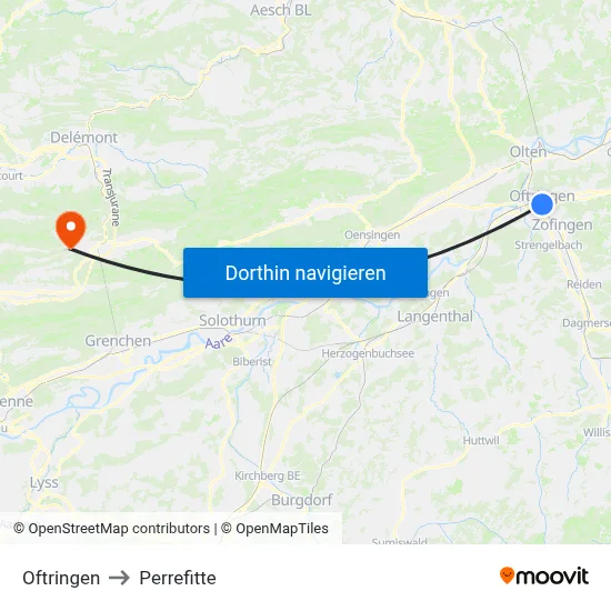 Oftringen to Perrefitte map