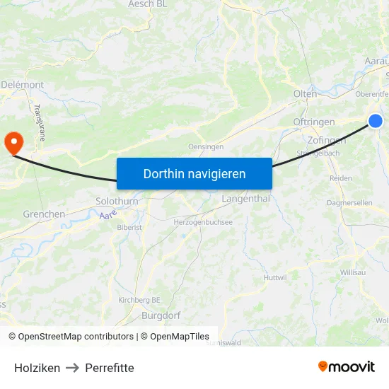 Holziken to Perrefitte map