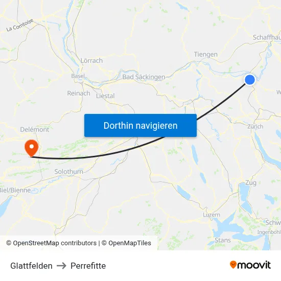 Glattfelden to Perrefitte map