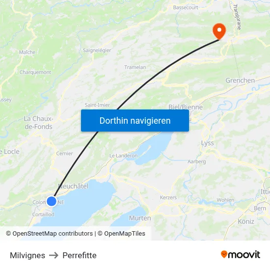 Milvignes to Perrefitte map