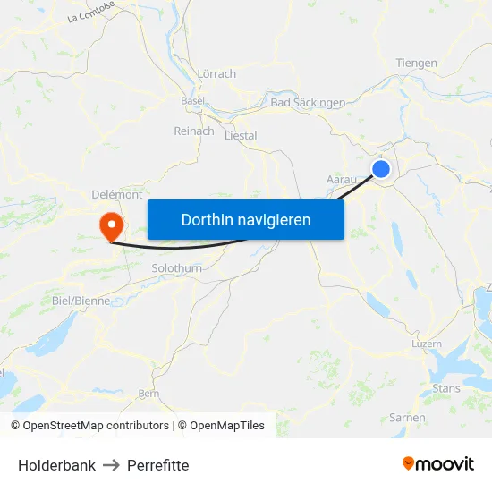 Holderbank to Perrefitte map
