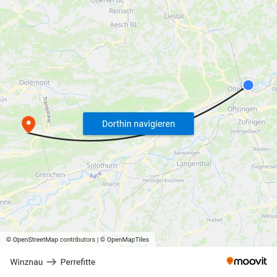 Winznau to Perrefitte map