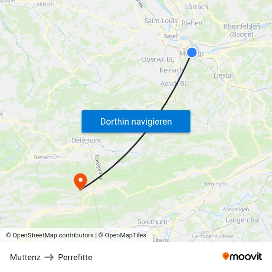 Muttenz to Perrefitte map