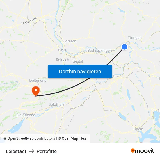 Leibstadt to Perrefitte map