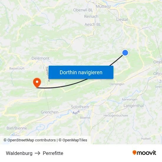 Waldenburg to Perrefitte map