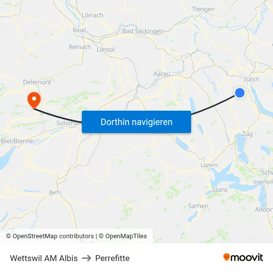 Wettswil AM Albis to Perrefitte map
