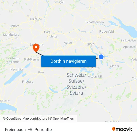 Freienbach to Perrefitte map