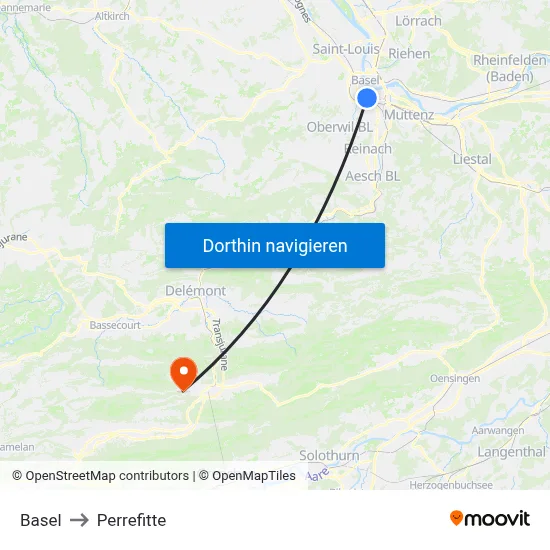 Basel to Perrefitte map