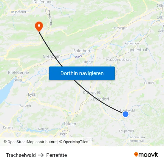 Trachselwald to Perrefitte map