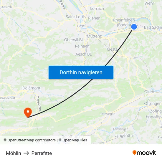 Möhlin to Perrefitte map