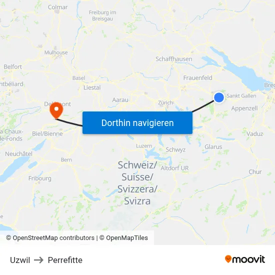 Uzwil to Perrefitte map