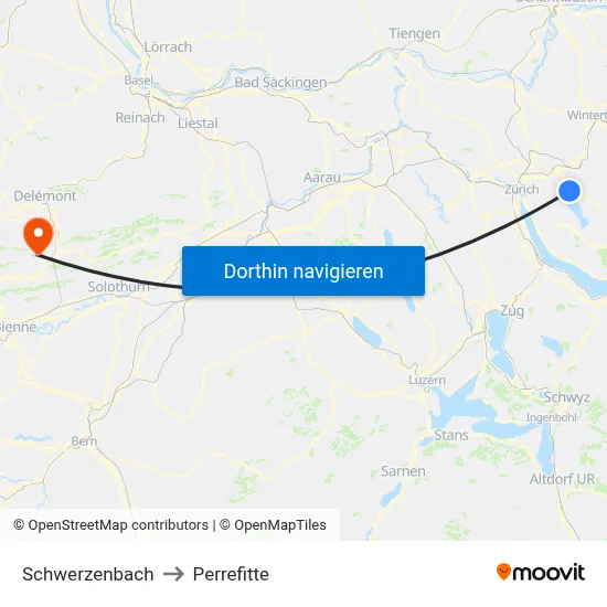 Schwerzenbach to Perrefitte map