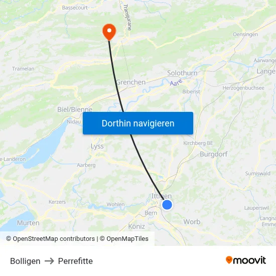 Bolligen to Perrefitte map
