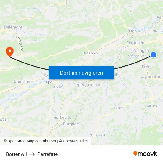 Bottenwil to Perrefitte map