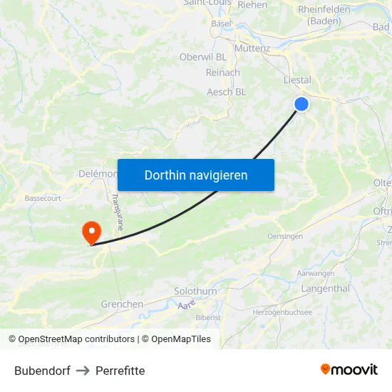 Bubendorf to Perrefitte map