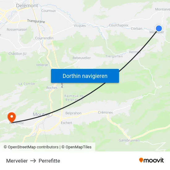 Mervelier to Perrefitte map