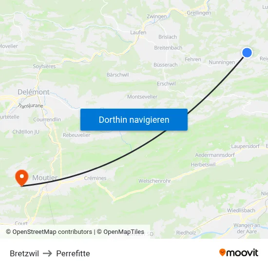 Bretzwil to Perrefitte map