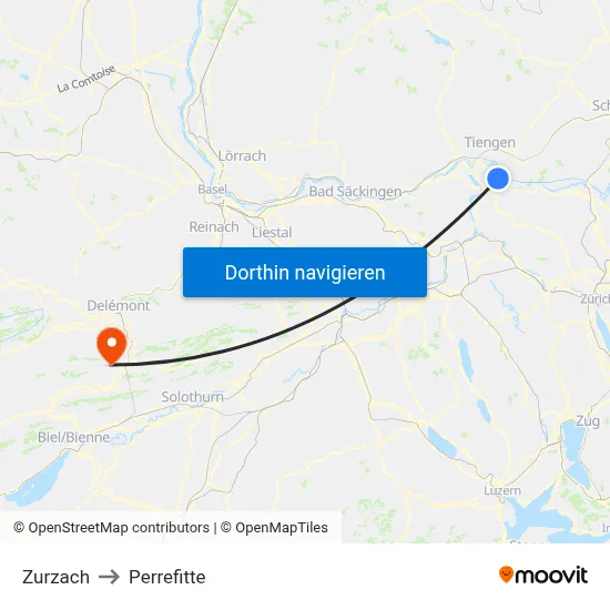 Zurzach to Perrefitte map