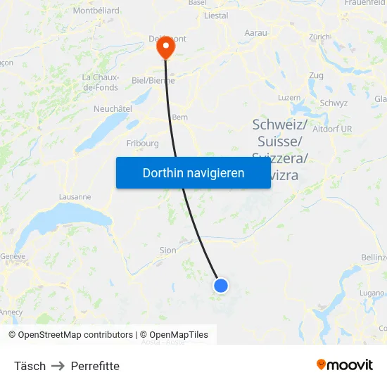 Täsch to Perrefitte map